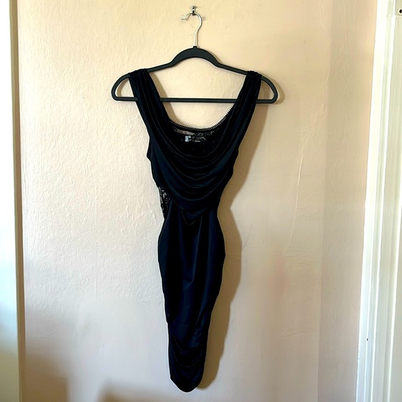 Mystic Black Body-con Sleeveless Lace Drape Ruched Clubbing Dress S - Picture 1 of 8